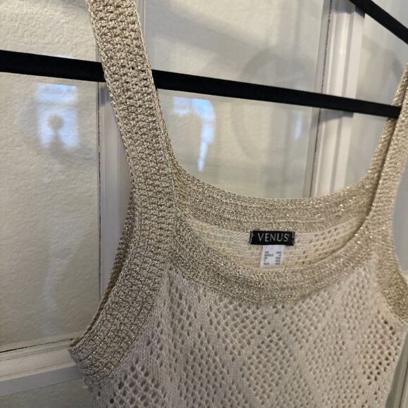Venus Cream Gold Sleeveless Crochet Knit Sweater Dress Lace Detail Womens Medium - Picture 7 of 13